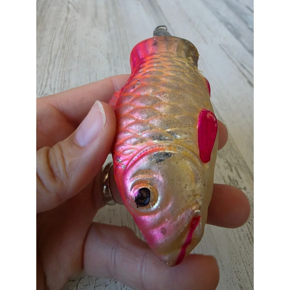 Antique AS IS fish Mercury pink glass ornament Xmas tree Fisher nautical